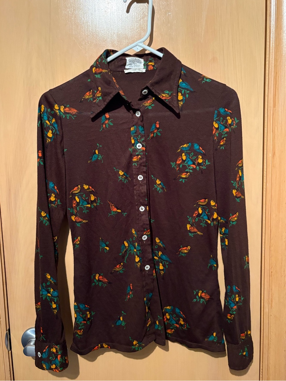 Vintage Saint-Clair Paris for Thayer Made in Italy Brown Bird Print Top Size Med